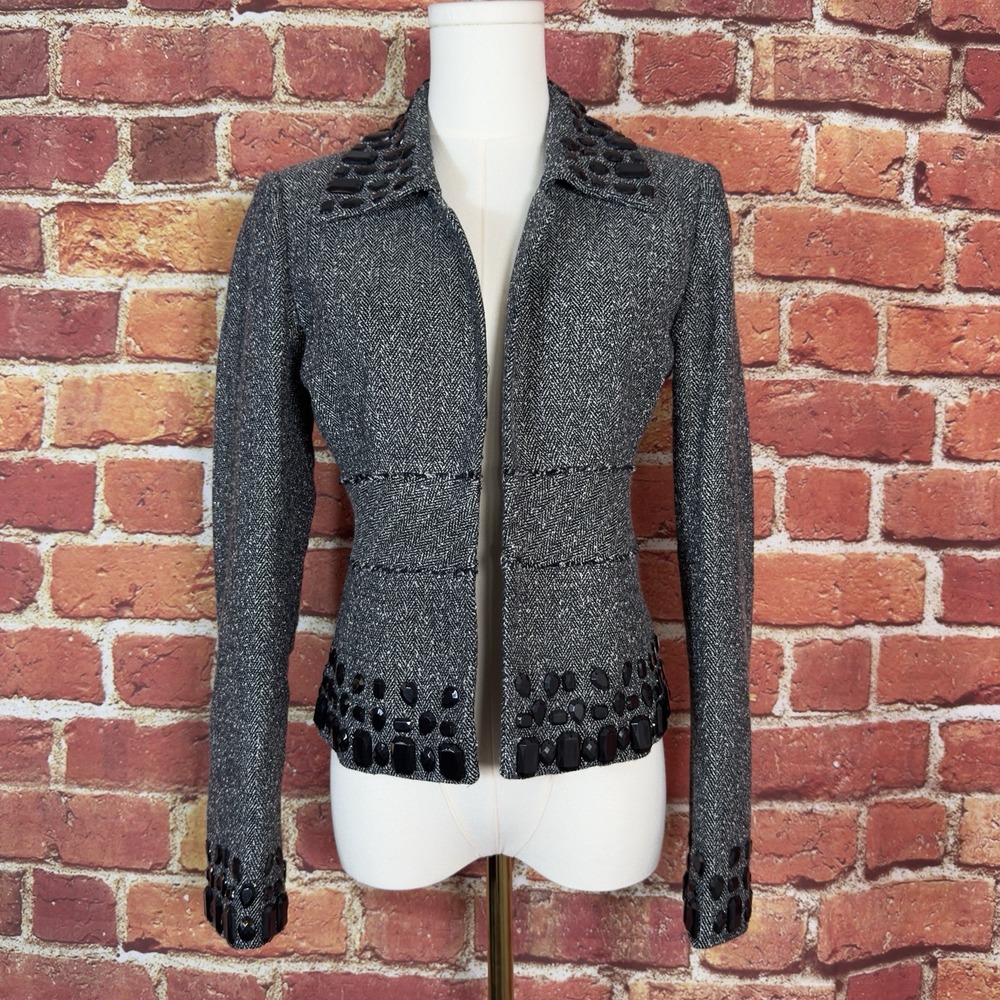 White House Black Market Tweed Blazer Jacket Women's Size 2 Embellished‎ EUC